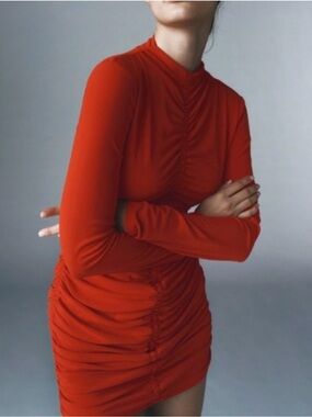 ZARA Long-Sleeve Ruched Red Mini Dress Size Medium